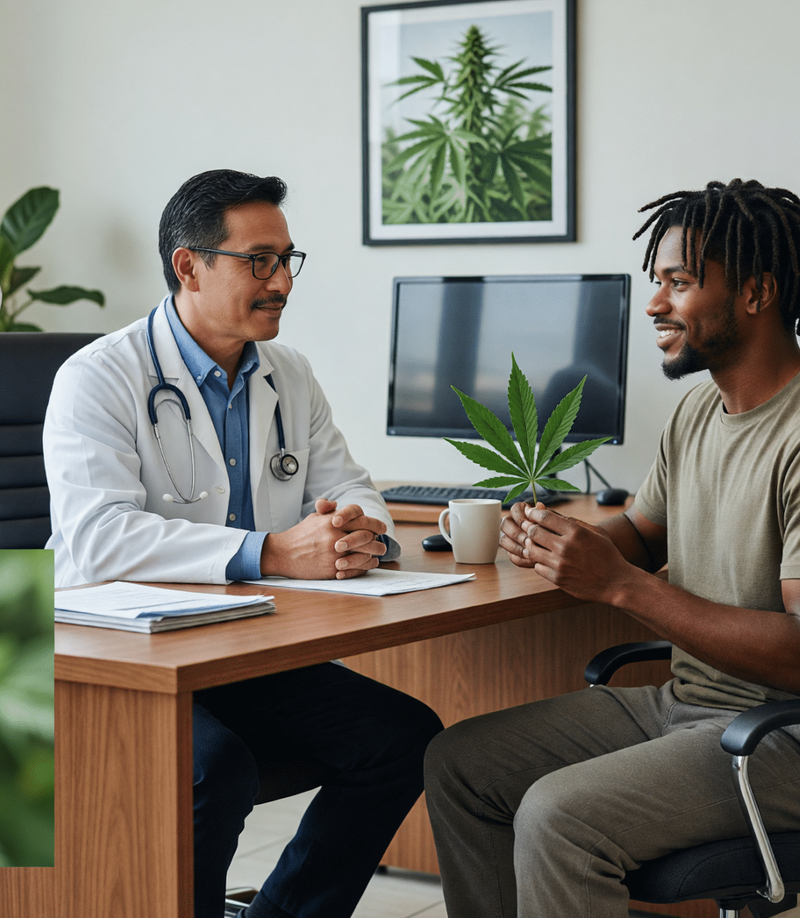 Medical marijuana doctor consultation with patient and cannabis plant imagery