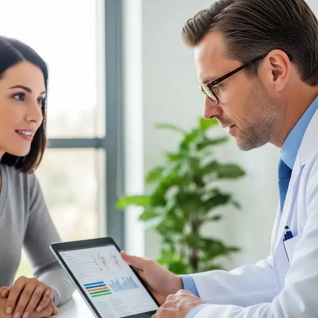 Patient consulting with a physician about medical marijuana card evaluation costs in a modern office setting, reviewing health data on a tablet.