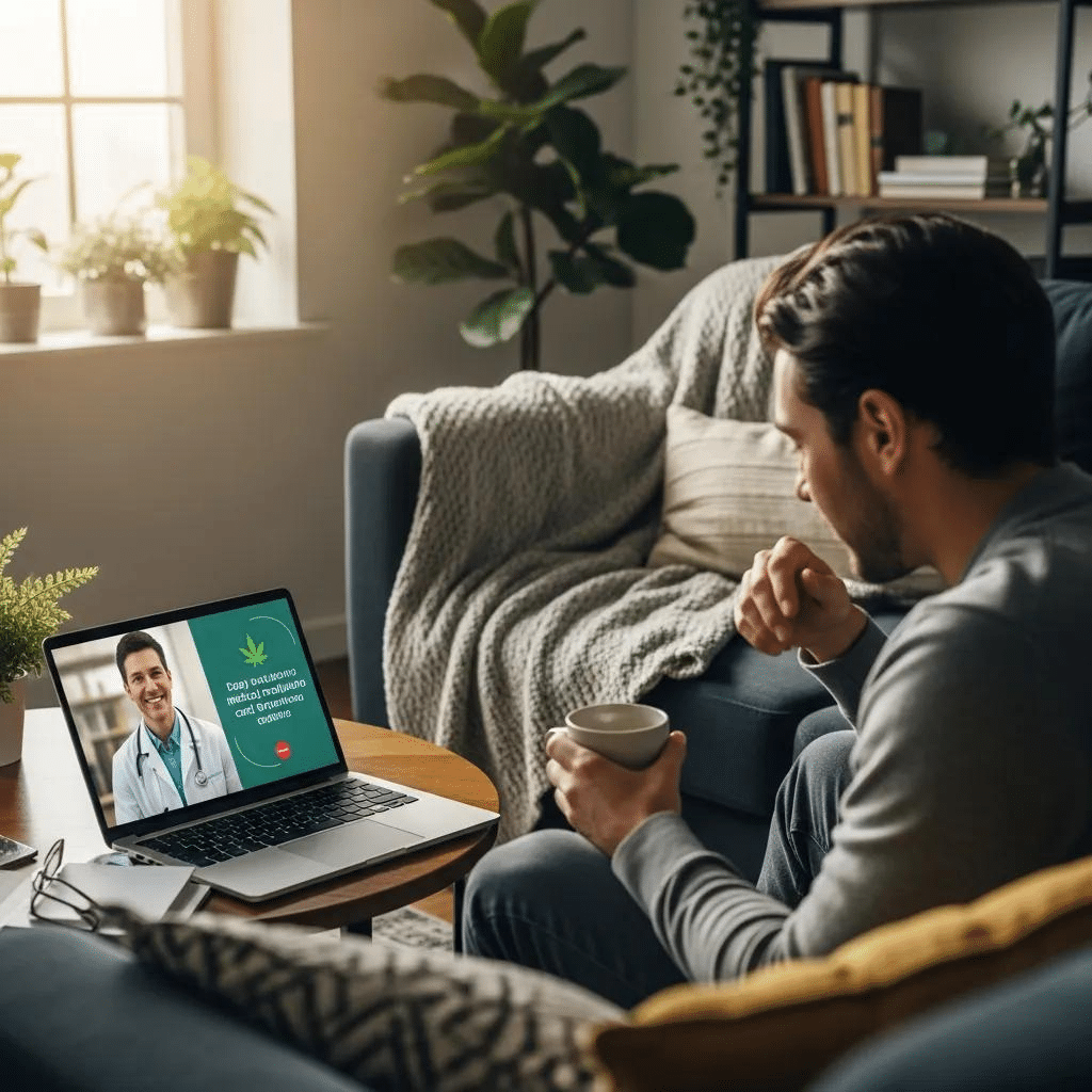 Man participating in a telehealth consultation for medical marijuana evaluation, viewing a doctor on laptop screen, in a cozy home setting with plants and soft furnishings.