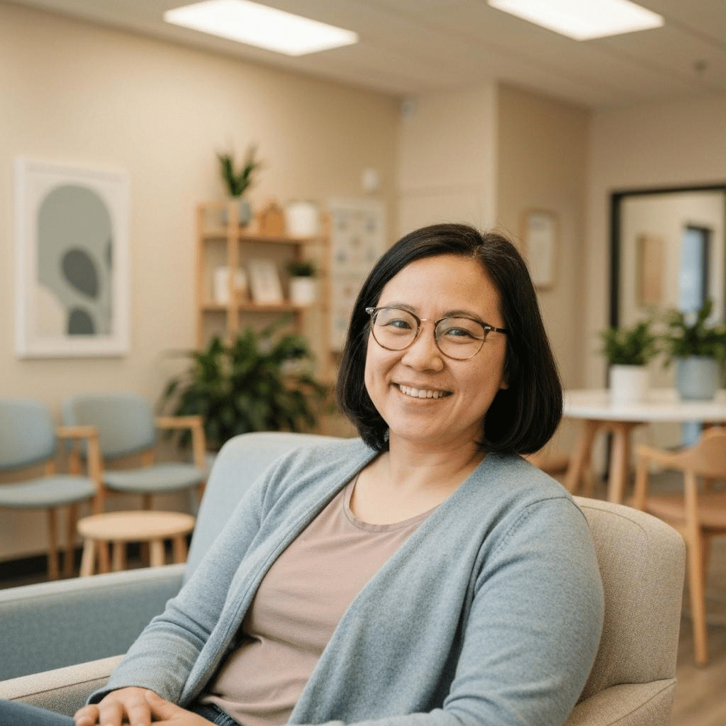 Woman smiling in waiting room illustrating medical marijuana evaluation process