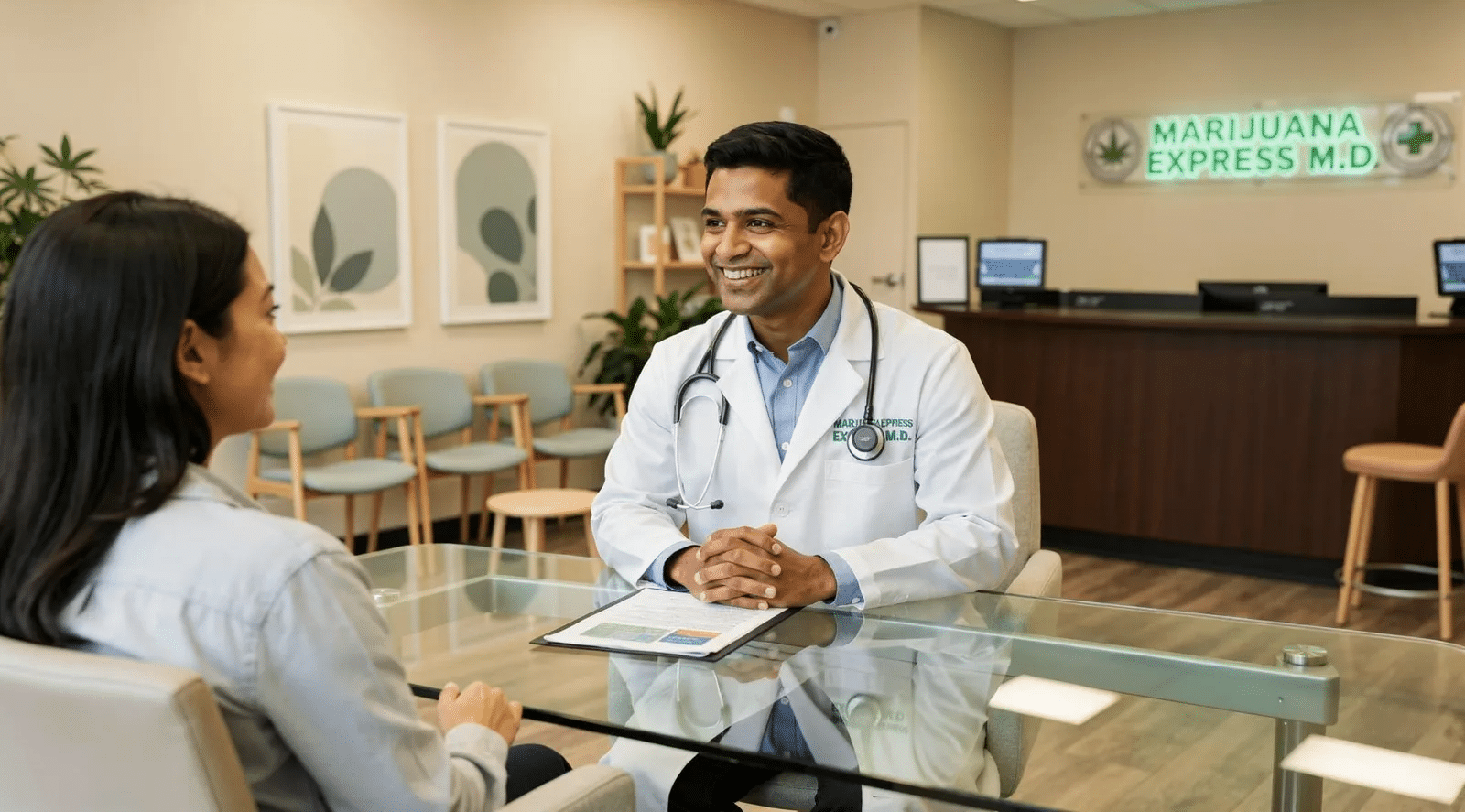 Marijuana Express M.D. physician consults with patient in Casselberry, Florida clinic, facilitating medical marijuana card