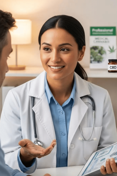 Physician consulting with patient about qualifying medical conditions and medical cannabis treatment.